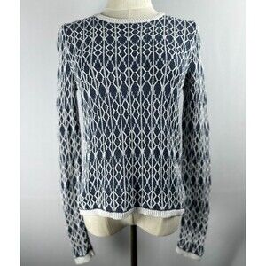 LOFT 100% Linen Knit Sweater Blue White Size S High-Low Hem Coastal Boho Retro